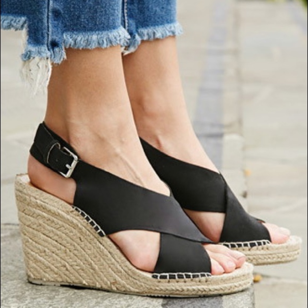 Black Distressed Leather Wedge Espadrille Sandals